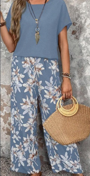 Women Solid Color Round Neck Short Sleeve Top And Flower Print Wide Leg Pants Set For Summer Two Piece Outfits null