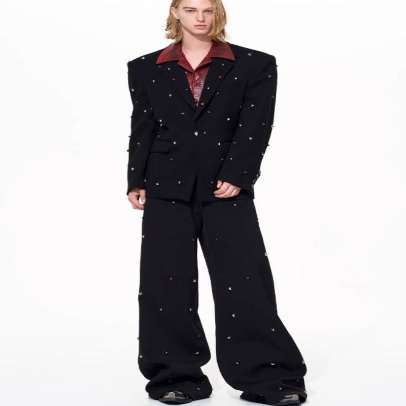 Alt Tag: Leather-look Black Studded Design Jacket And Casual Pants Set men's stylish clothing black studded jacket and wide-leg pants outfit