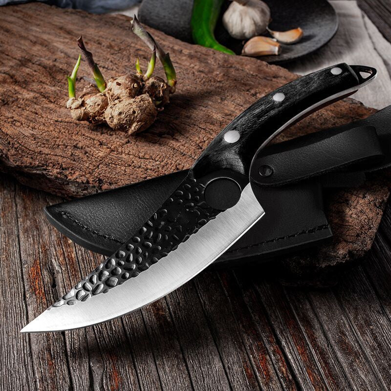 Slaughter Cutting Meat Boning Small Scimitar Special Skinning Killing Pigs Butcher curved boning knife with leather sheath on rustic wooden board