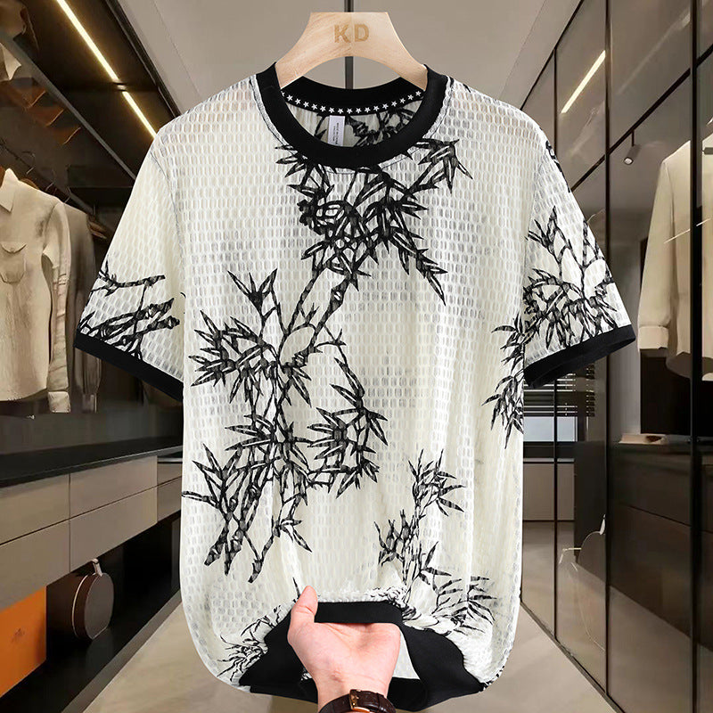 Summer Ice Silk Cut Mesh Short Sleeve T-shirt Men
