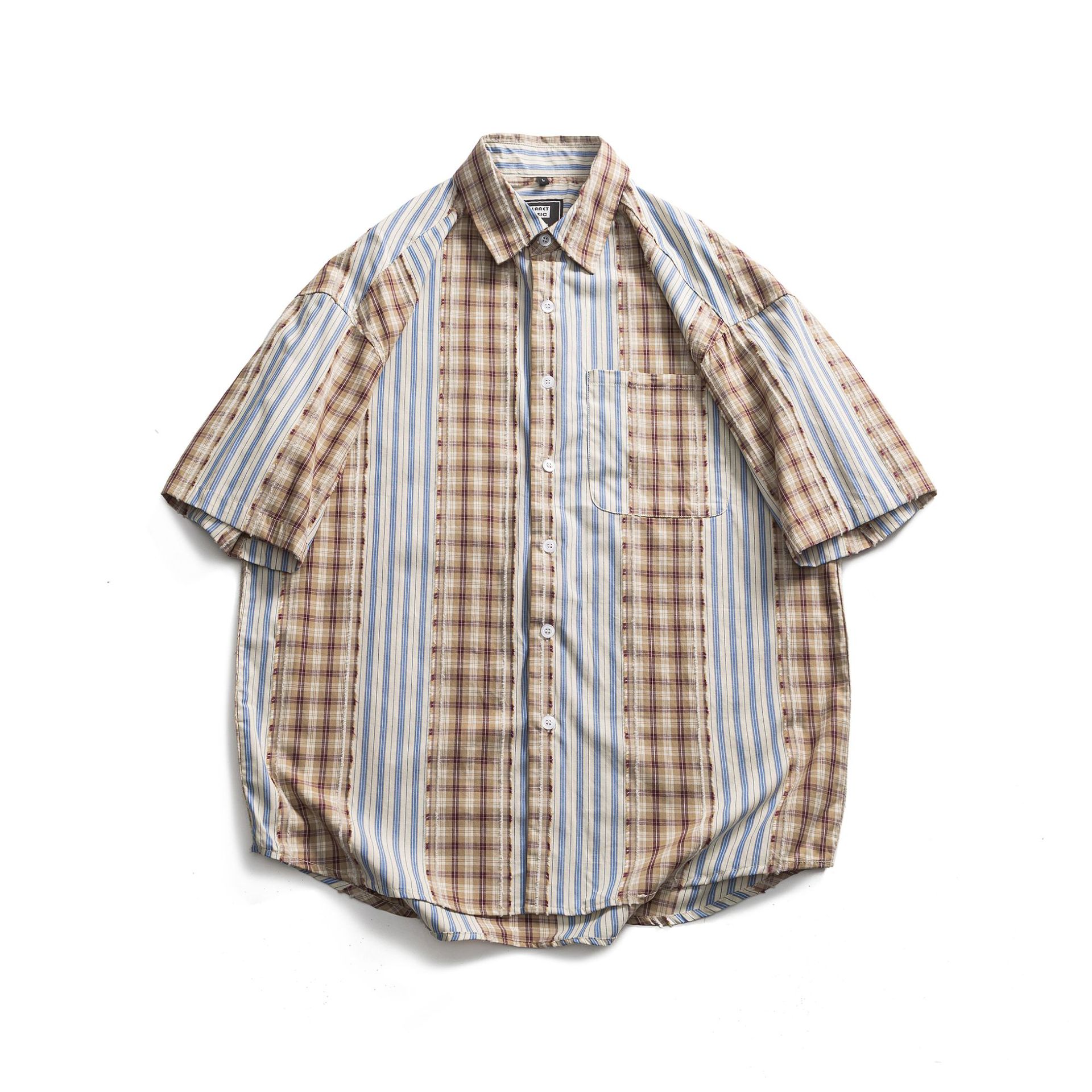 Striped Plaid Colorblock Frayed Short-sleeved Shirt