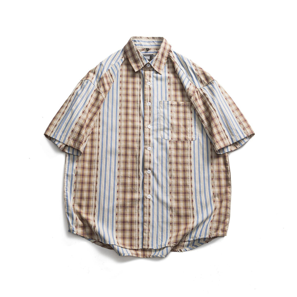 Striped Plaid Colorblock Frayed Short-sleeved Shirt