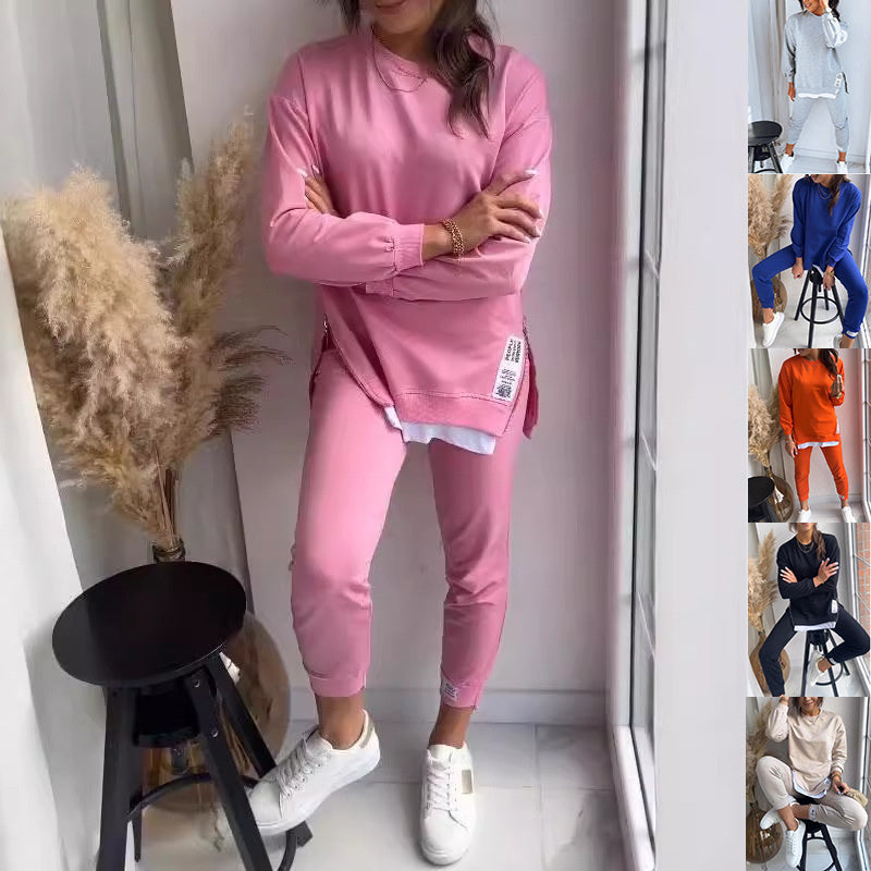 Women's Sports Suit Fashion Slit Design Sweatshirt Top And Slim-fit Trousers Sweatpants Casual Two Piece Set Outfit null