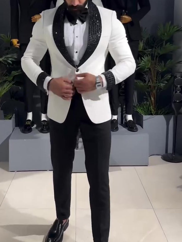 White Tuxedo Jacket With Black Sequin Lapel
