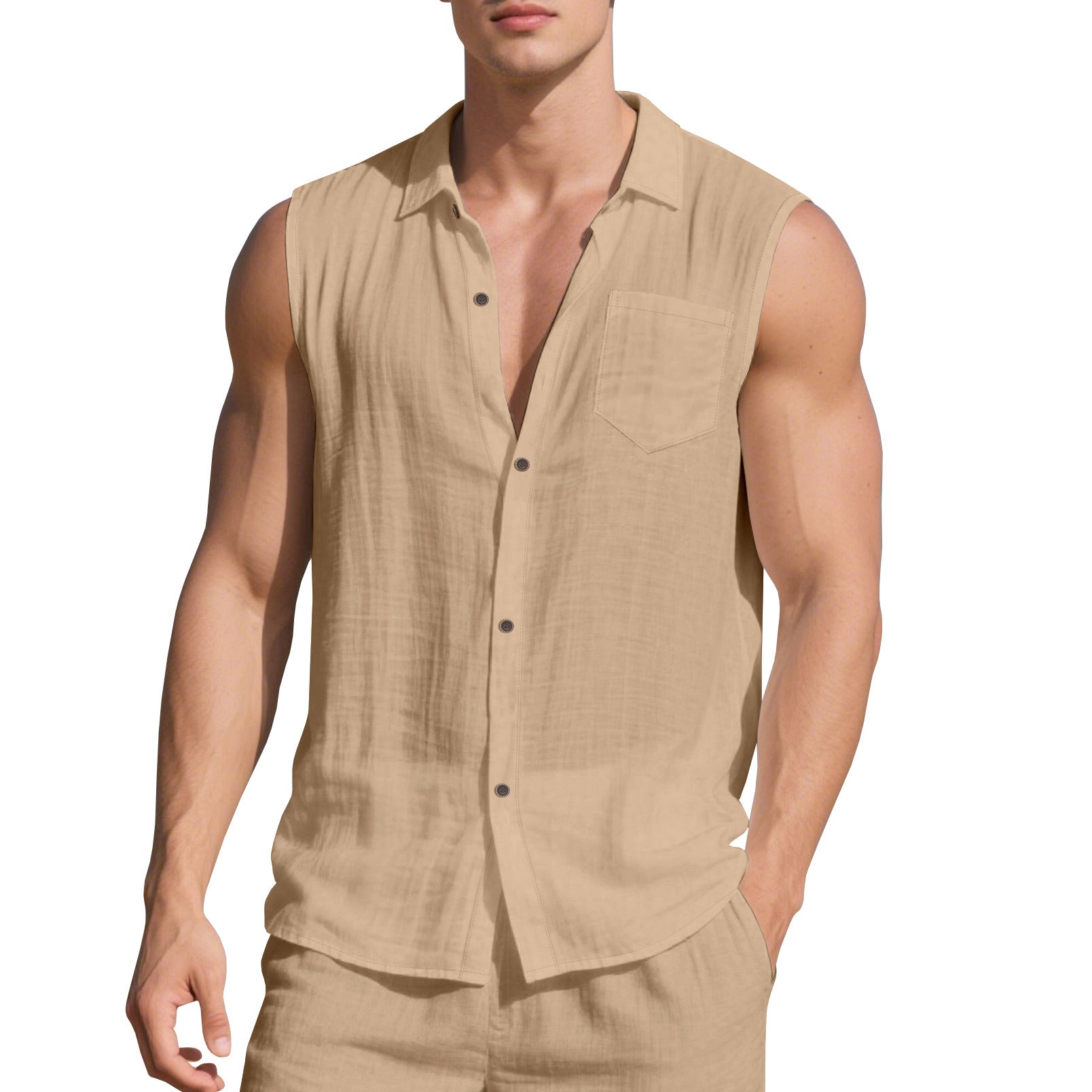 Sleeveless Linen Polo Collar Solid Color Cardigan Beach Shirt Vest