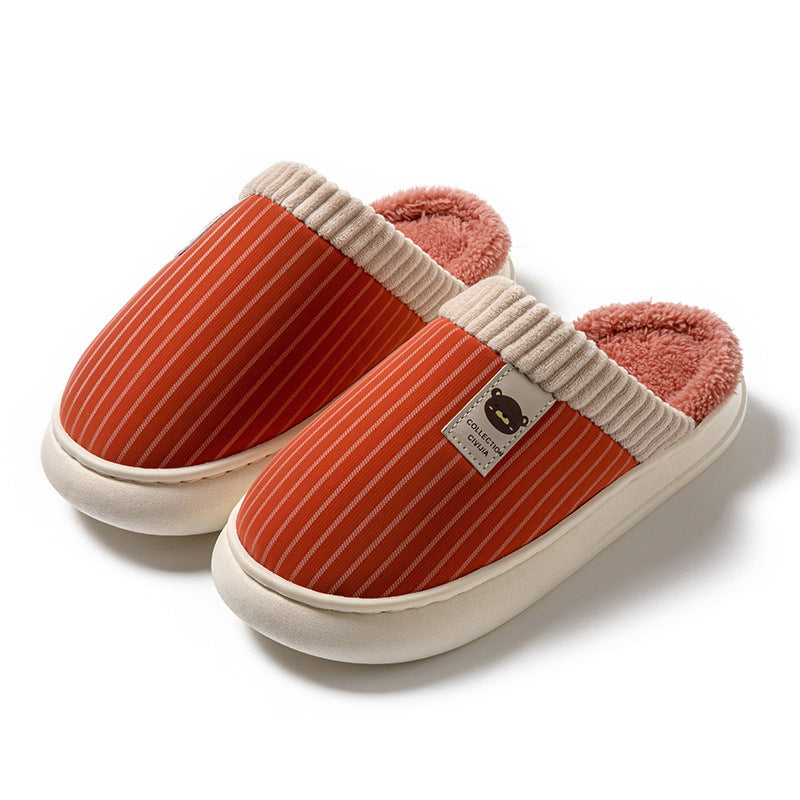 Solid Striped Plush Slippers Winter Warm Bear Fleece Shoes House Indoor Bedroom Floor Thick-soled Home Slipper For Women Men Couple null