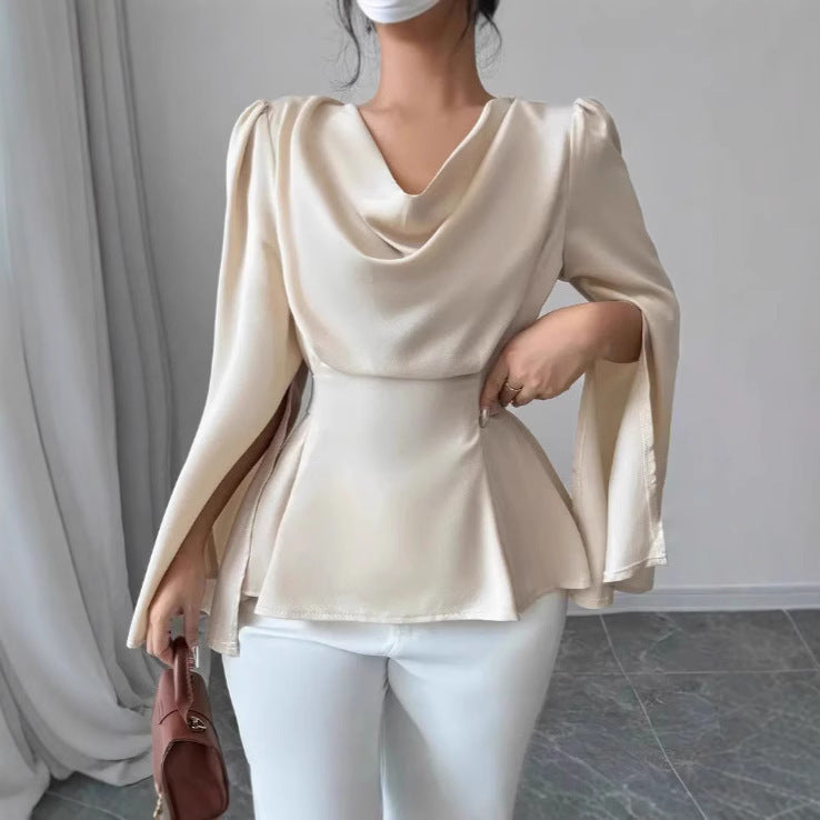 Women's Satin Flare Sleeve Waist Trimming Shirt null