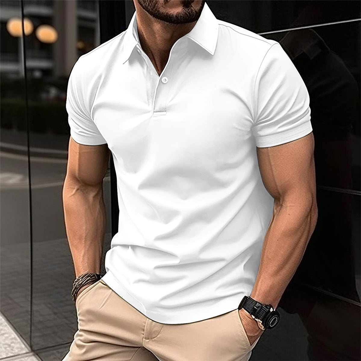 Summer Short Sleeve Polo Shirt Men Solid Color Button Lapel Button Top null