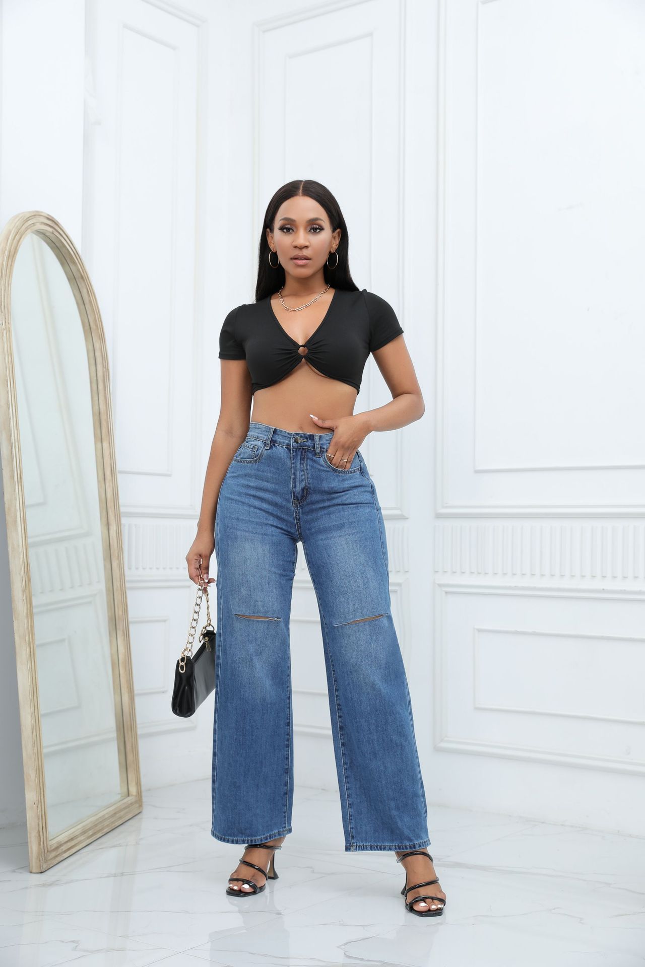 Elegant Ripped Wide-leg Jeans Women null