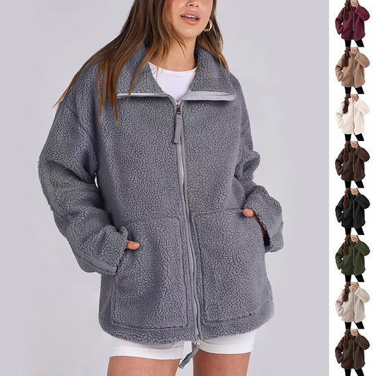 Winter Lapel Zip-up Coat With Pockets Casual Fashion Solid Fleece Jacket Fall Spring Long Sleeve Women's Clothing null