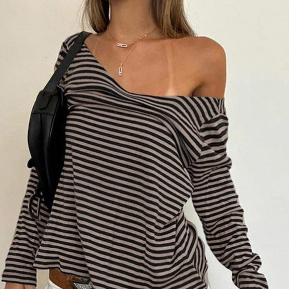 Womens Casual Long-sleeve Top With Striped Print And A Classic Collar