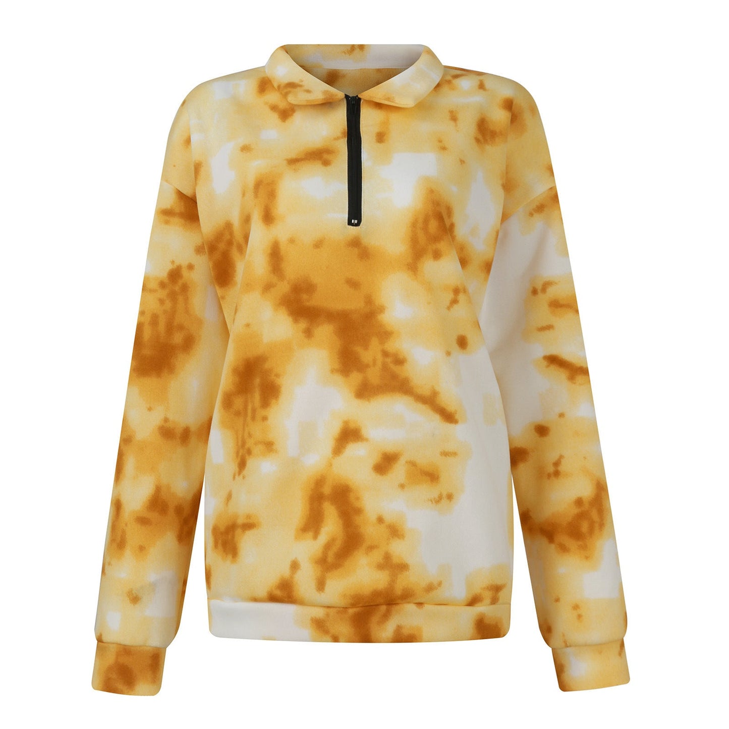 Tie Dye Printed Zippered Lapels Sweatshirt Womens Clothing Long Sleeve Loose Pocketless Top null