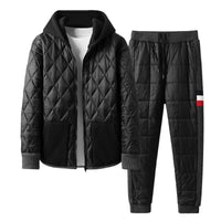 Alt Tag: Winter Hooded Cardigan And Padded Cotton Jacket TwoPiece Set black quilted hooded jacket and padded pants for men, warm casual set