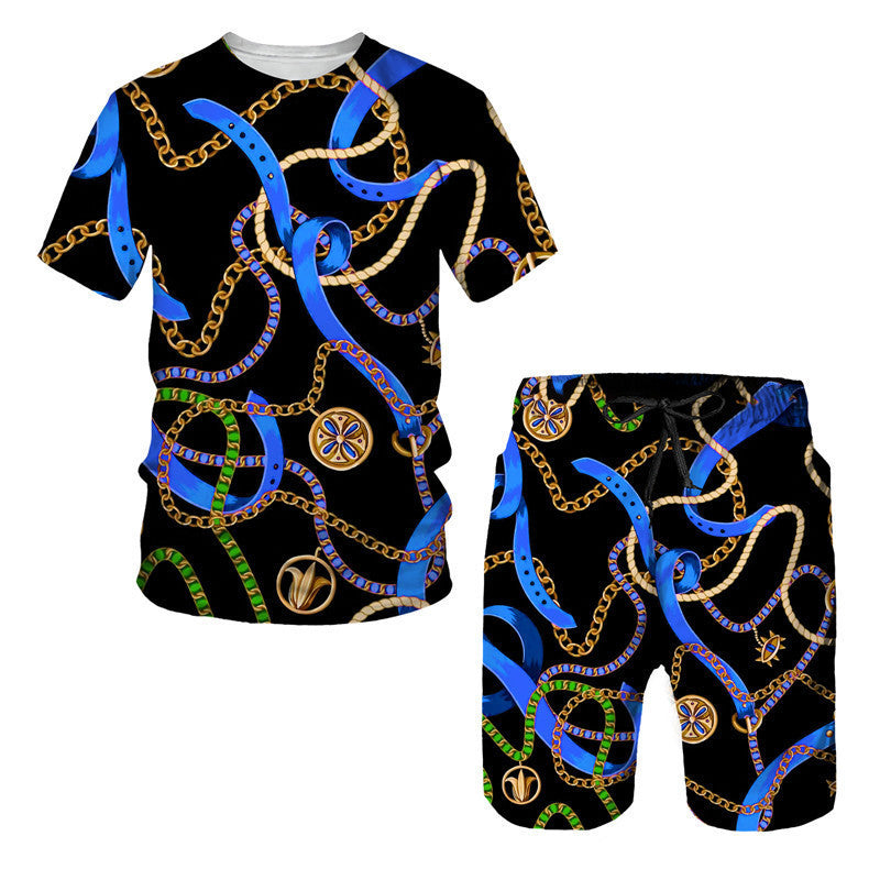 Chain Pattern Short Sleeve Digital Printed T-shirt Short Sleeve Suit