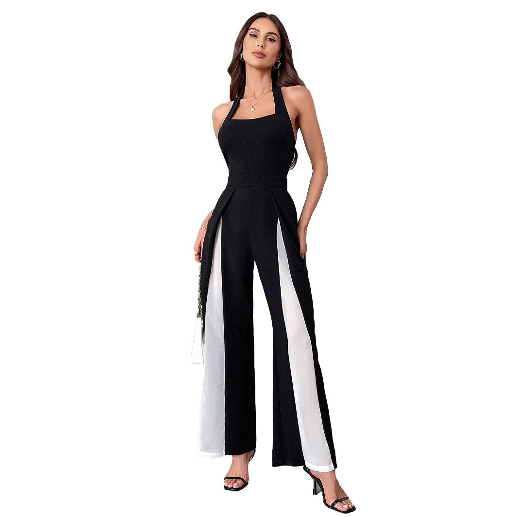 Black And White Color Matching Straight Halter Jumpsuit