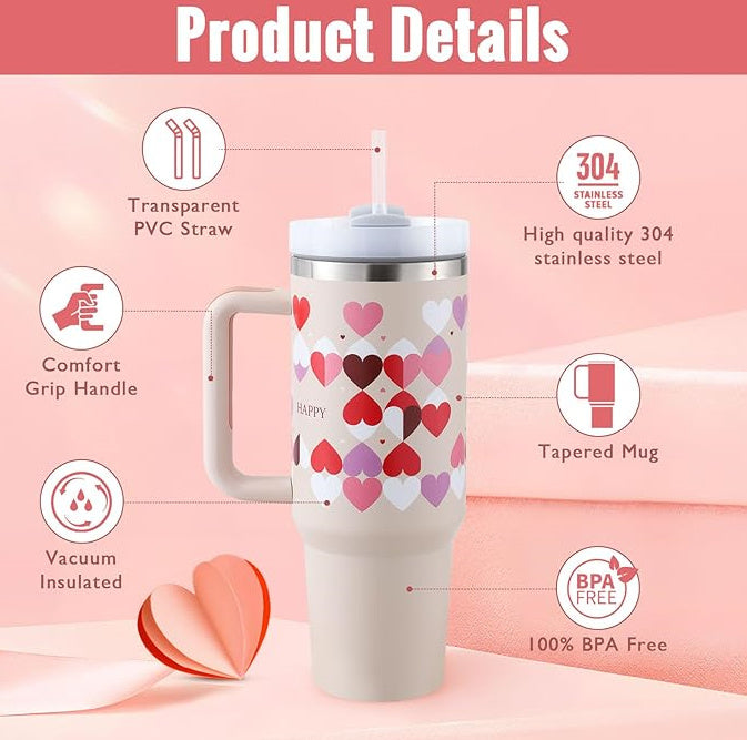 40 Oz Tumbler With Handle Straw Insulated, Stainless Steel Spill Proof Vacuum Coffee Cup Tumbler With Lid Tapered Mug Gifts For Valentine Lover Suitable For Car Gym Office Travel null