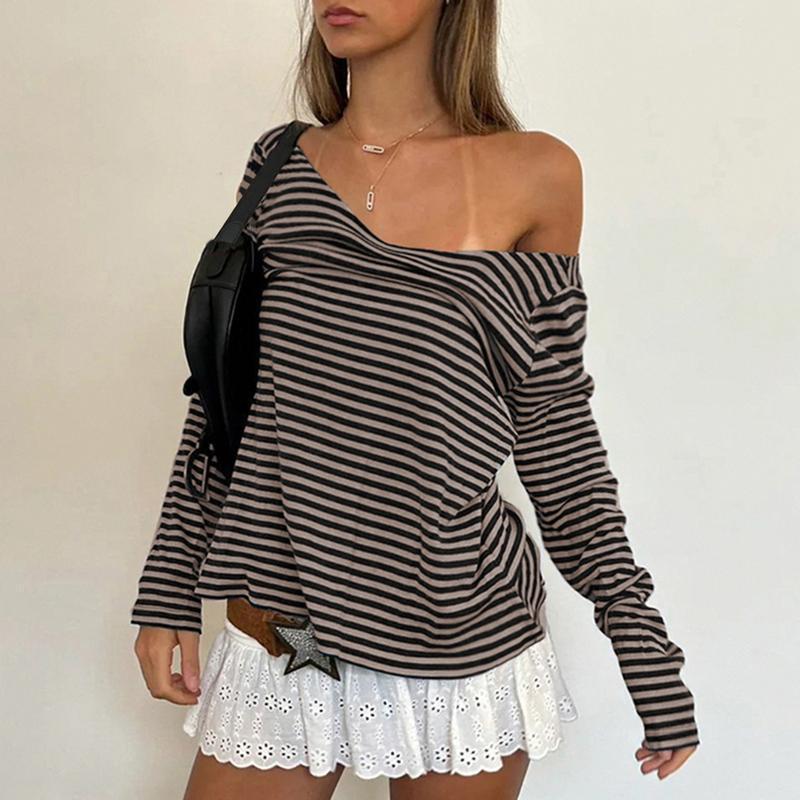 Womens Casual Long-sleeve Top With Striped Print And A Classic Collar