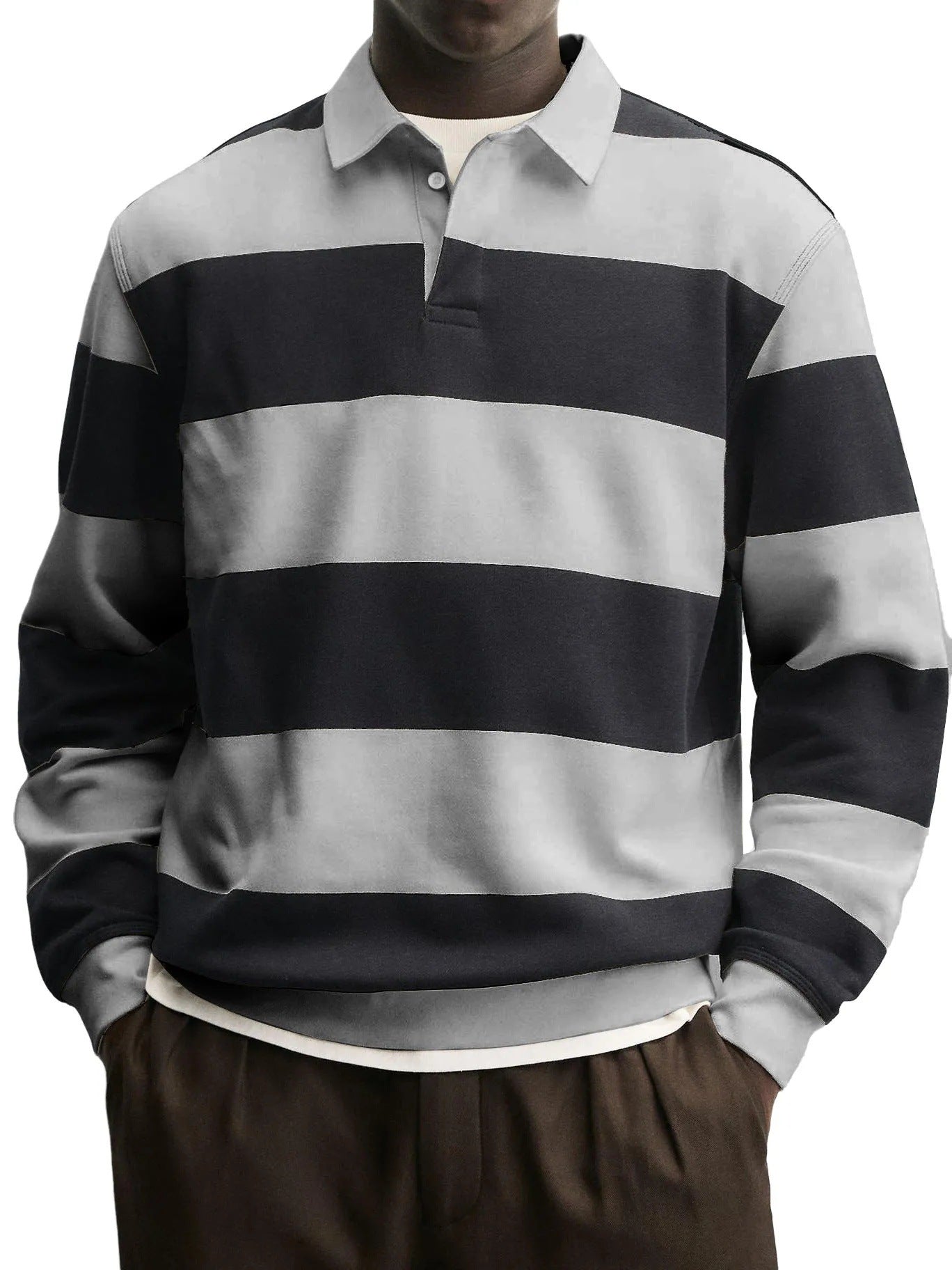Mens Loose-collar Long-sleeved Striped T-shirt