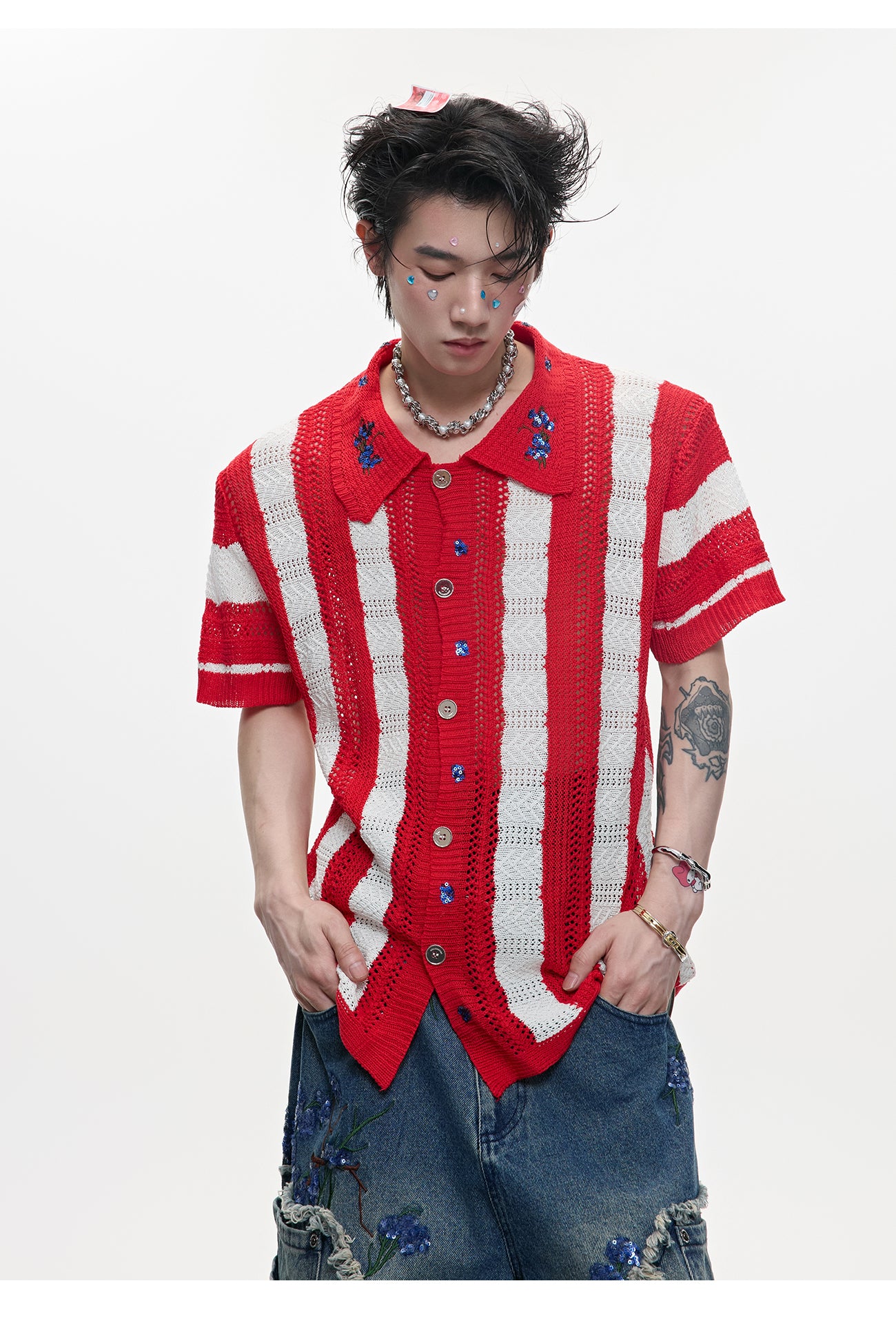 Men's Patchwork Striped Niche Retro Knitted Short Sleeved Shirt