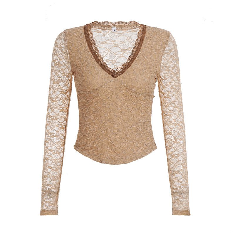 Elegant Solid-color Sexy Lace-embellished Base Top In European And American Styles