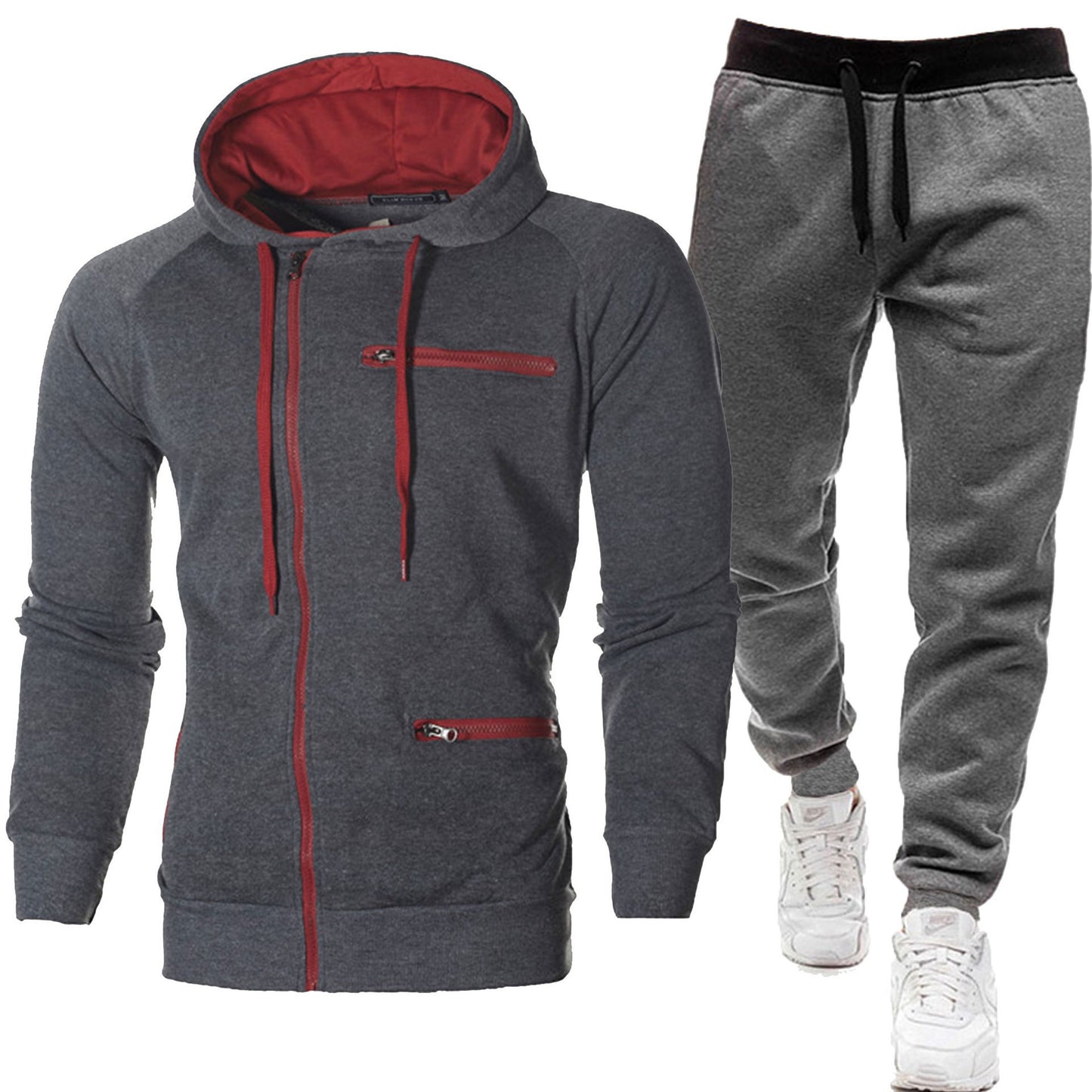 Men's Solid Color Sports Casual Jacquard Sweatshirt Fleece Hooded Cardigan Men's Suit