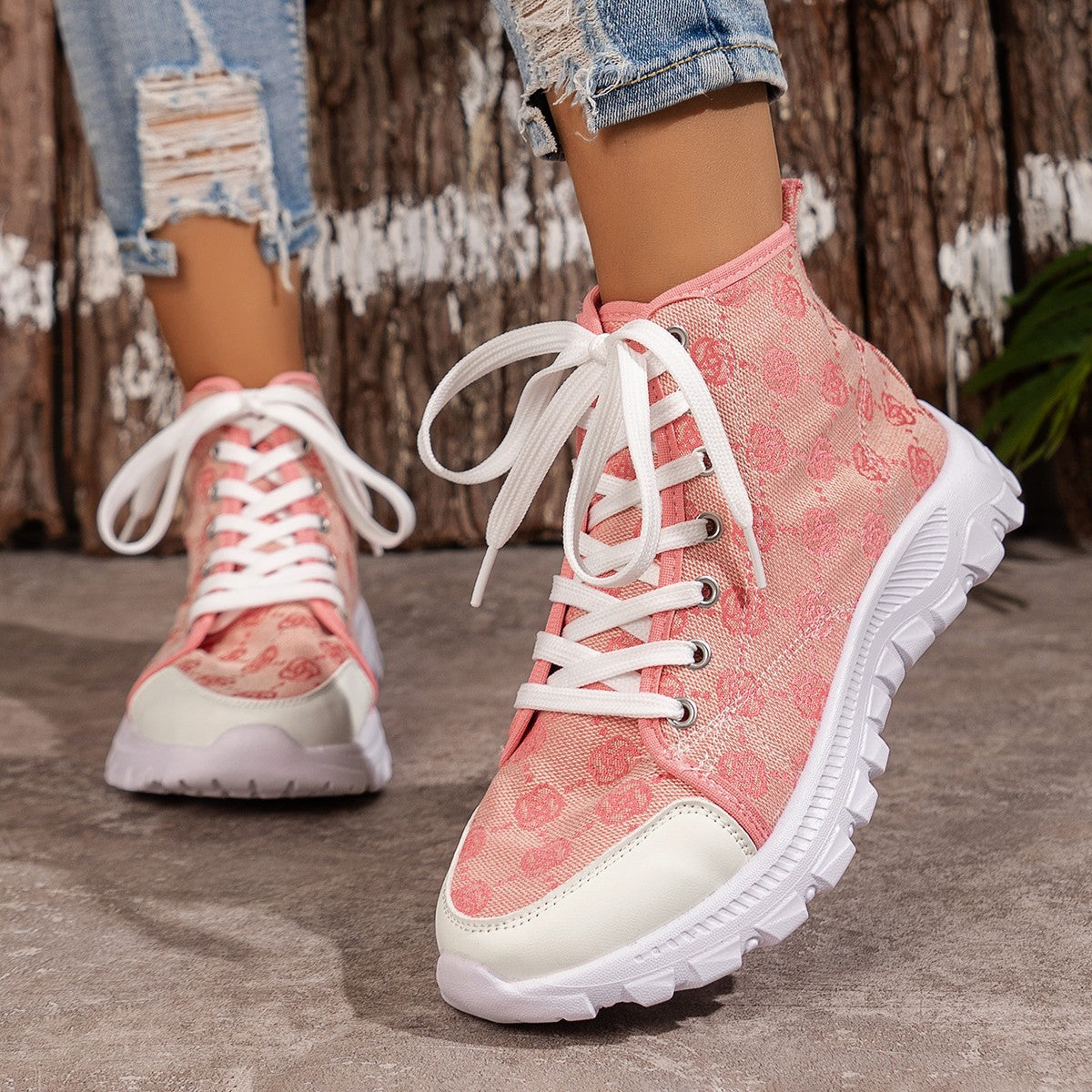 Rose-printed Lace-up Boots Fashion Breathable Canvas Shoes Sports Casual Non-slip Thick-soled Short Boot For Women null