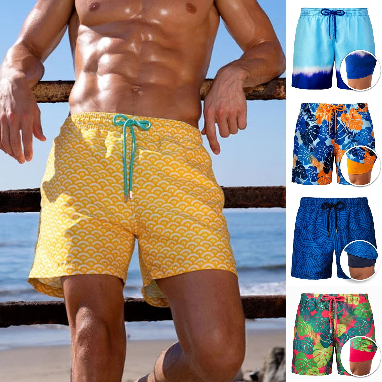 European And American Shorts Men's Beach Pants Sports Pants Printed Double Shorts null