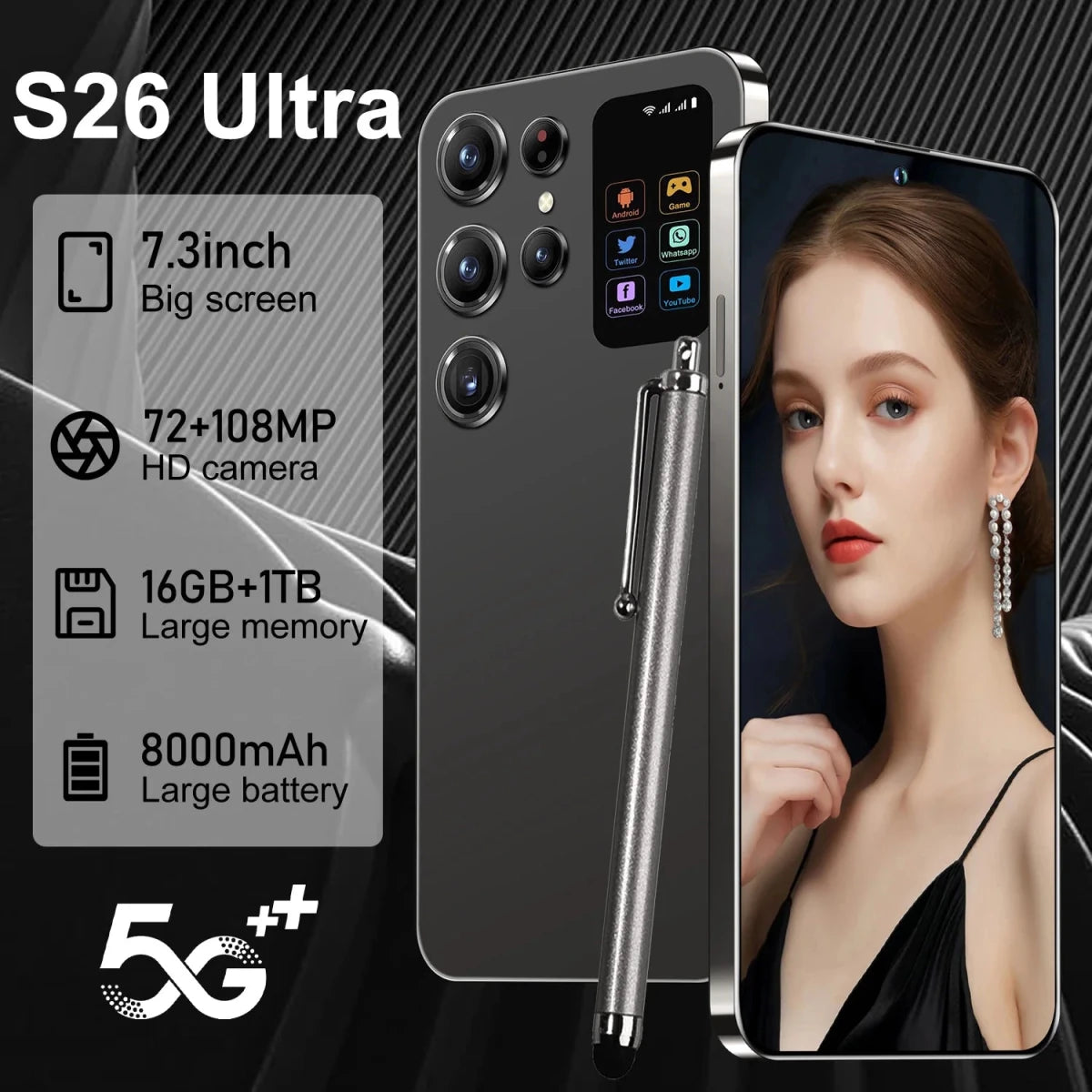 Face Recognition Unlock Original S26 Ultra 5G Smart Mobile Phone 7.3 - inch HD Screen 16GB RAM+1TB Storage Deca Core Processor Black Face Recognition Unlock Original S26 Ultra 5G Smart Mobile Phone 7.3 - inch HD Screen 16GB RAM+1TB Storage Deca Core Processor - shop_name