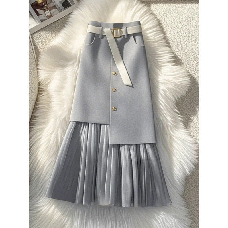 Saia Reta Feminina de Comprimento Médio Com Design de Retalhos Cinza