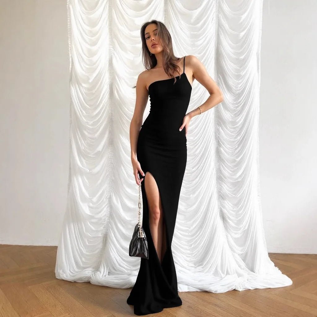Fall Sexy Bombshell Casual Dress One - Shoulder Sleeveless Slit Evening Long Gown Black Fall Sexy Bombshell Casual Dress One - Shoulder Sleeveless Slit Evening Long Gown - shop_name