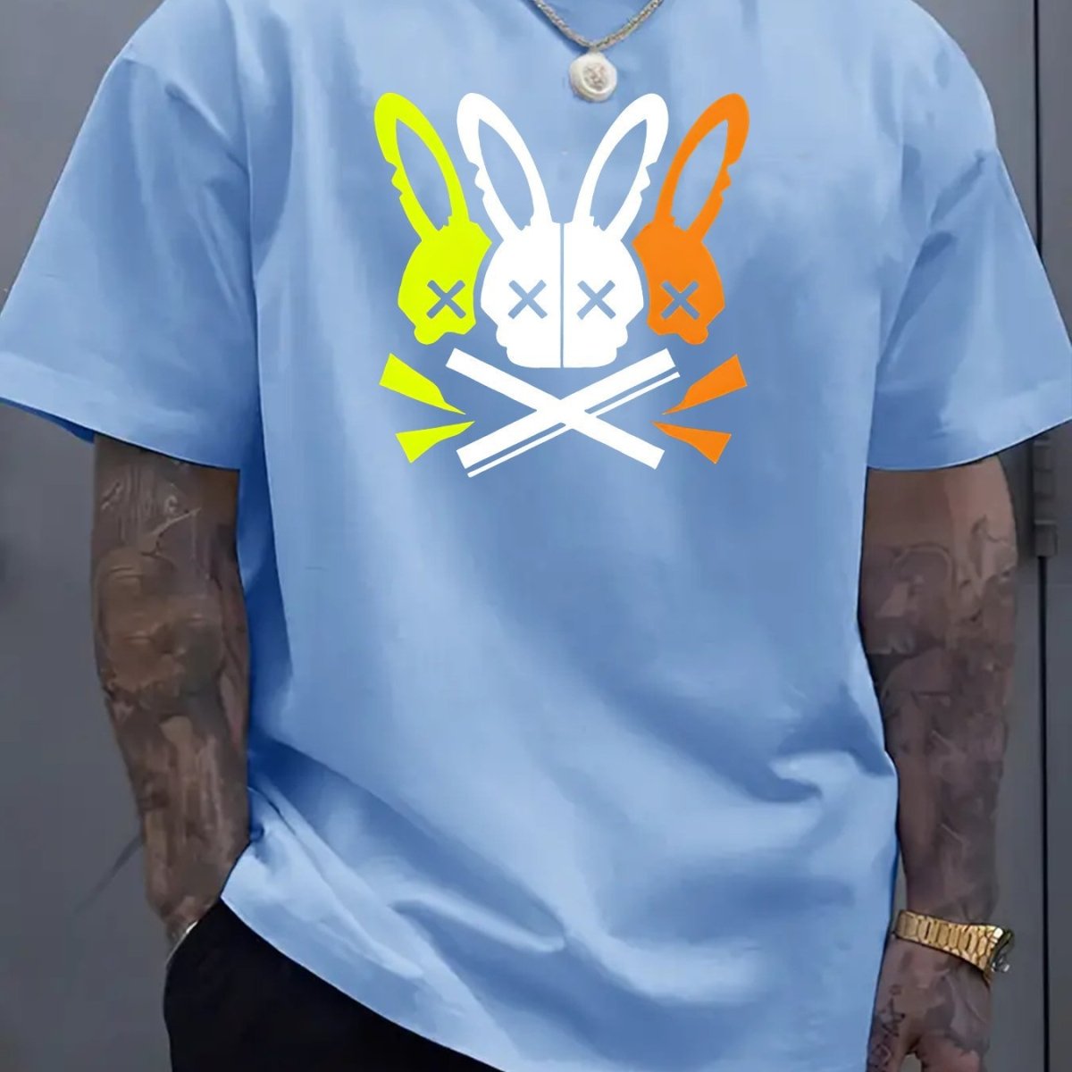 Fashion Unique Rabbit Skull Printed Men's T-shirt Skyblue Fashion Unique Rabbit Skull Printed Men's T-shirt - shop_name