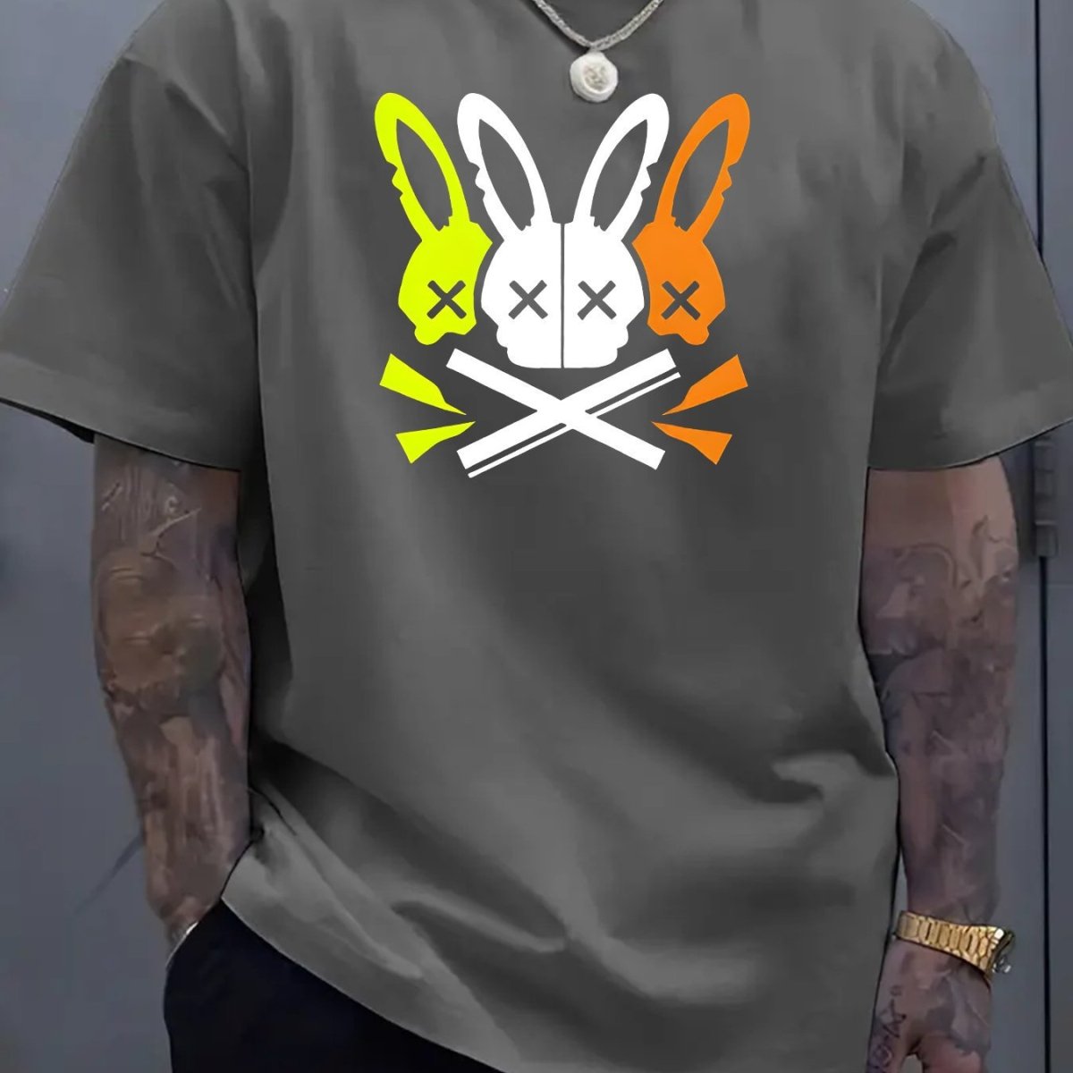 Fashion Unique Rabbit Skull Printed Men's T-shirt Darkgrey Fashion Unique Rabbit Skull Printed Men's T-shirt - shop_name