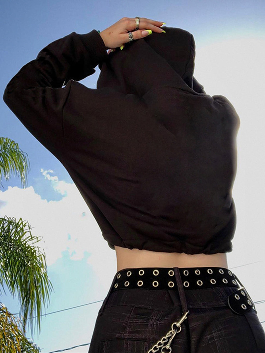 Women's Fashion Gothic Skull Print Casual Drawstring Short Hoodie Long Sleeve Top