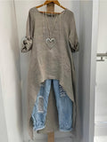 Womens Irregular Long Linen Top With A Crew Neck