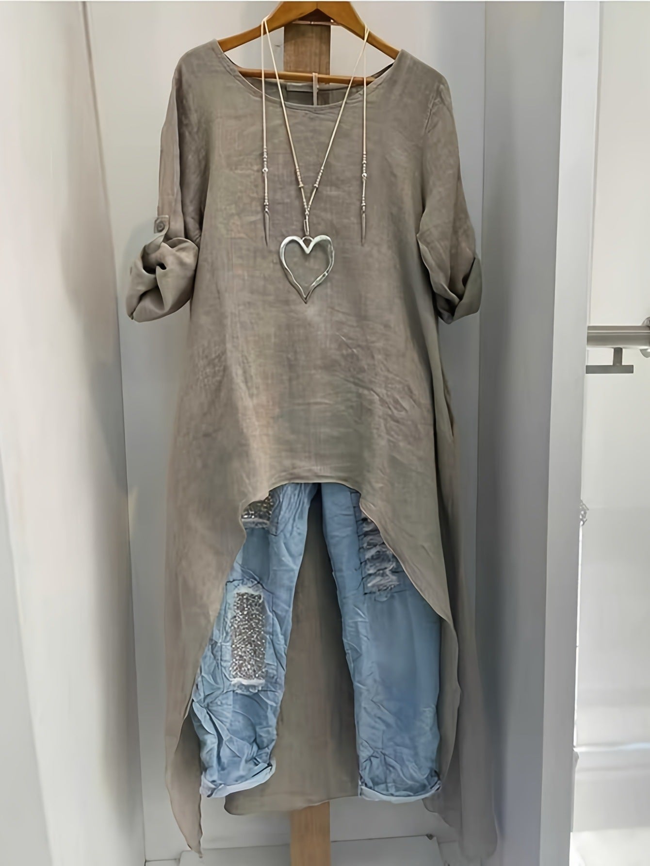 Womens Irregular Long Linen Top With A Crew Neck