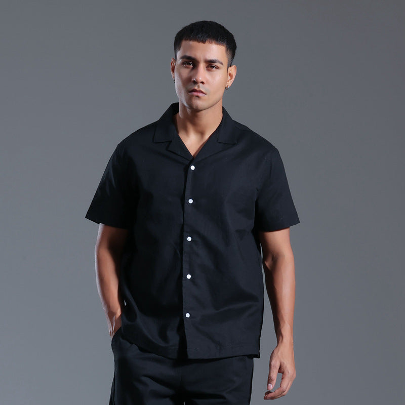 Cuban Collar Linen Cotton Blended Short-sleeved Shirt