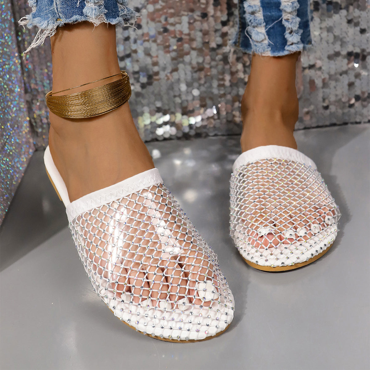 Hollow-toe Transparent Hollow Sandals With Rhinestones Summer Fashion Outdoor Slippers Flat Shoes For Women null