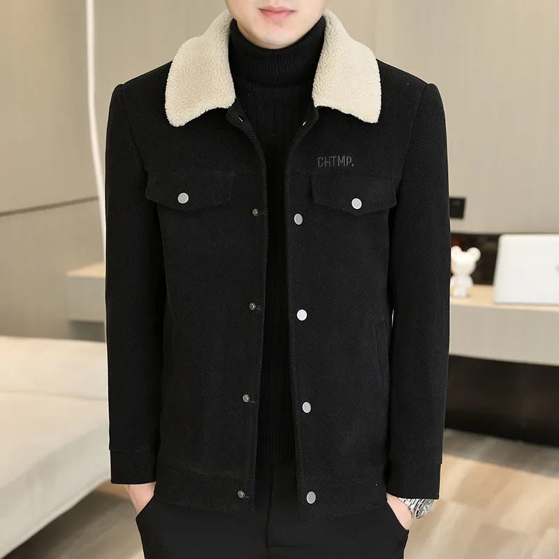 Men's Lapel Pure Color Ribbon Fur Collar Fleece Warm Jacket
