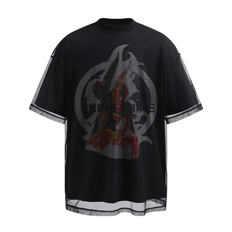 National Fashion American Angel Print Fake Two-piece Double-layer Niche Short-sleeved T-shirt Men
