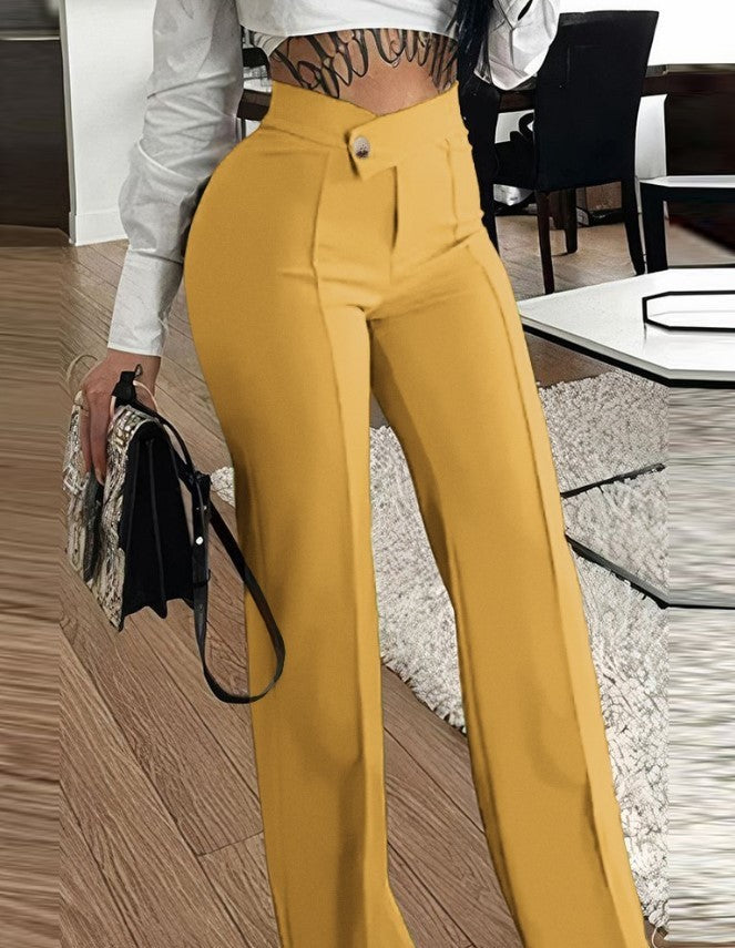 Slim Straight-leg Pants With Buckle Fashion Solid Color Trousers For Womens Clothing null