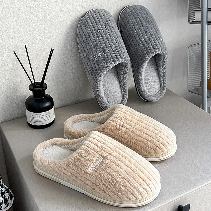 Solid Color Simple Cotton Slippers Winter Non-slip Home Warm Plush Slippers Household Indoor Couple Women's House Shoes null