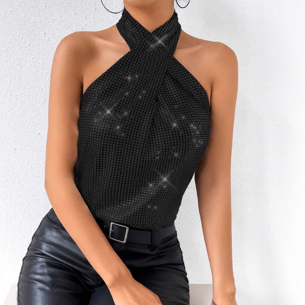 Womens Solid-Color Casual Minimalist Sequin Halter Top