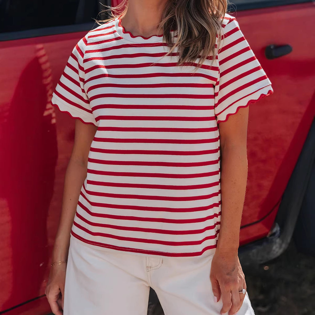 Womens Trendy, Avant-garde Striped T-shirt With A Ruffled Hem