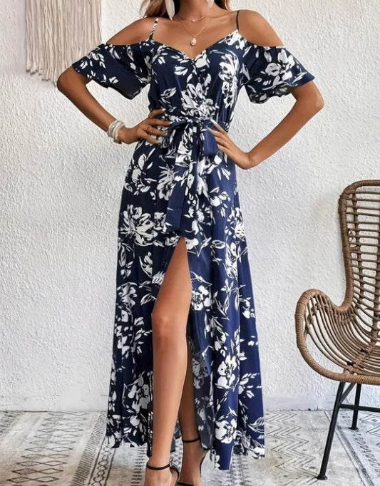 Flower Print Split Suspender Dress With Lace-up Design Summer Fashion Long Dresses Beach Clothing For Women - Update Avenue 