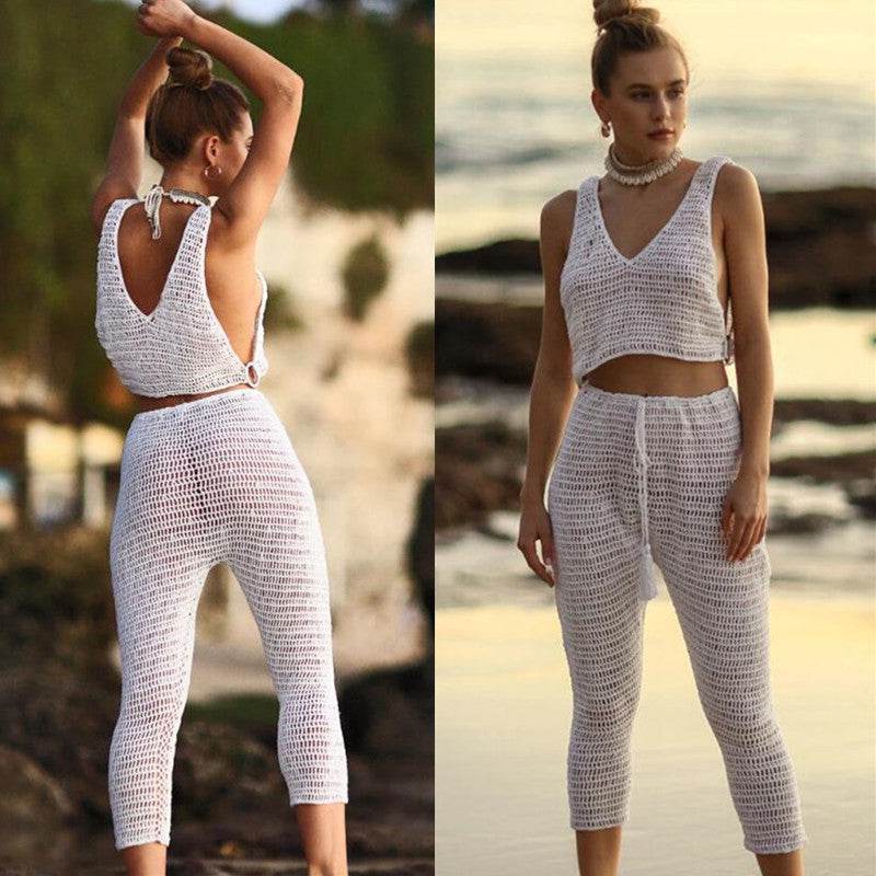 Handmade Crochet Beach Bikini Sweatshirt Swimsuit Cover Pants Set - Update Avenue 