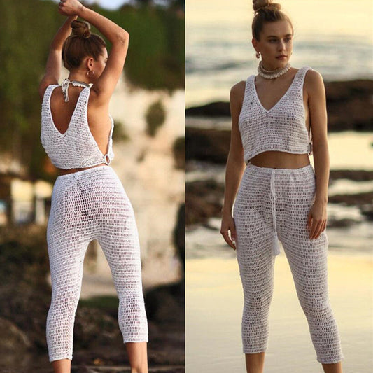 Handmade Crochet Beach Bikini Sweatshirt Swimsuit Cover Pants Set - Update Avenue 