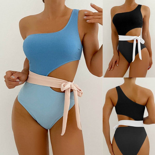 Lace-up Cutout Solid Color Swimsuit Bikini - Update Avenue 