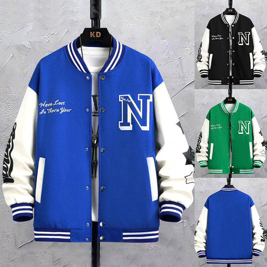 Letter Print Color Block Jacket Ins Fashion Loose Button Round Neck Baseball Coat Top For Men - Update Avenue 