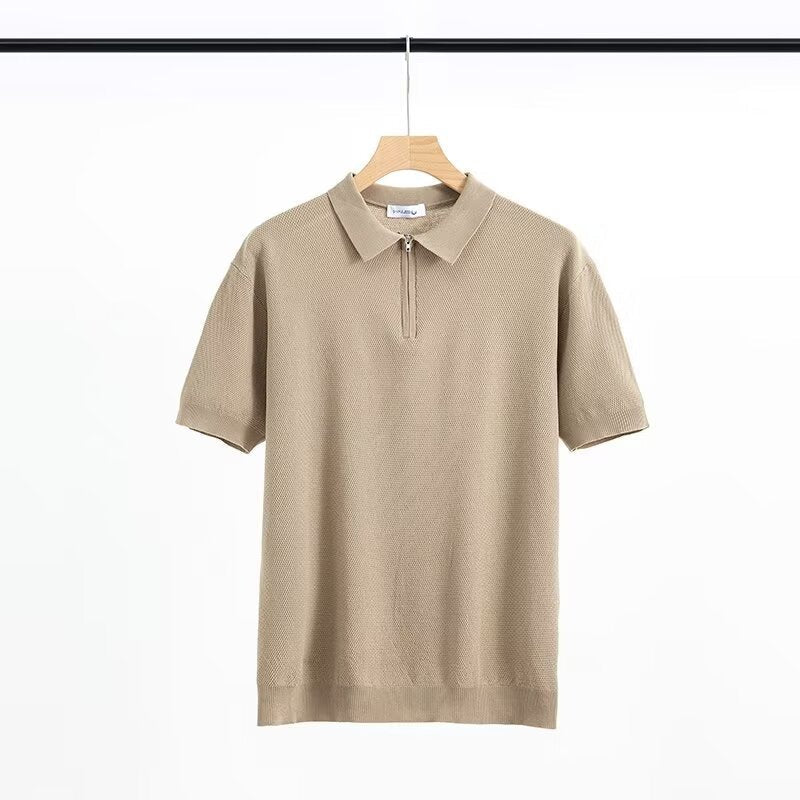 Light Luxury Zipper Polo Shirt Lapel Short Sleeve Apricot Light Luxury Zipper Polo Shirt Lapel Short Sleeve - shop_name