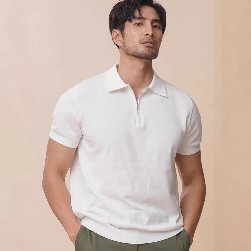 Light Luxury Zipper Polo Shirt Lapel Short Sleeve Blue Light Luxury Zipper Polo Shirt Lapel Short Sleeve - shop_name